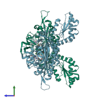 PDB entry 4hvc coloured by chain, side view.
