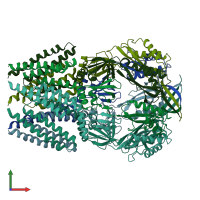 PDB entry 4hw9 coloured by chain, front view.