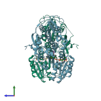 PDB entry 4hxy coloured by chain, side view.