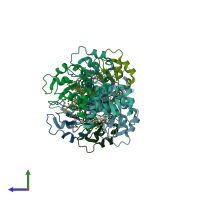 PDB entry 4hy0 coloured by chain, side view.