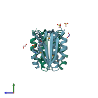 PDB entry 4hyl coloured by chain, side view.