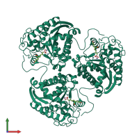 Homo trimeric assembly 1 of PDB entry 4ie1 coloured by chemically distinct molecules, front view.