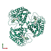 Homo trimeric assembly 2 of PDB entry 4ie1 coloured by chemically distinct molecules, front view.