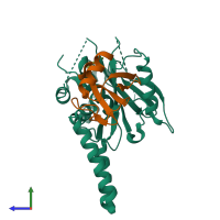 Hetero dimeric assembly 1 of PDB entry 4ig7 coloured by chemically distinct molecules, side view.