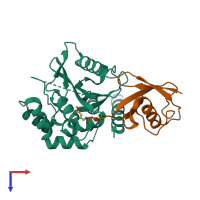 Hetero dimeric assembly 1 of PDB entry 4ig7 coloured by chemically distinct molecules, top view.