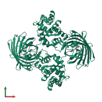 Homo dimeric assembly 1 of PDB entry 4ik8 coloured by chemically distinct molecules, front view.