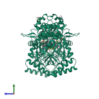 Homo dimeric assembly 1 of PDB entry 4imx coloured by chemically distinct molecules, side view.