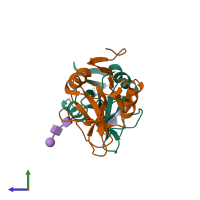 PDB entry 4iop coloured by chain, side view.