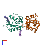 PDB entry 4iop coloured by chain, top view.