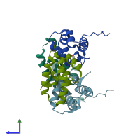 PDB entry 4ipy coloured by chain, side view.