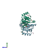 PDB entry 4ir0 coloured by chain, side view.