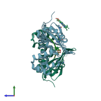 PDB entry 4it2 coloured by chain, side view.