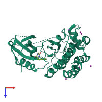 Monomeric assembly 1 of PDB entry 4ith coloured by chemically distinct molecules, top view.