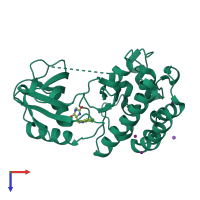 Monomeric assembly 2 of PDB entry 4ith coloured by chemically distinct molecules, top view.