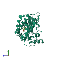 Monomeric assembly 1 of PDB entry 4iti coloured by chemically distinct molecules, side view.