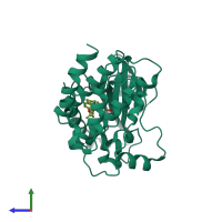 Monomeric assembly 2 of PDB entry 4iti coloured by chemically distinct molecules, side view.