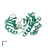 Monomeric assembly 2 of PDB entry 4iti coloured by chemically distinct molecules, top view.