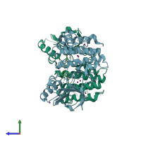 PDB entry 4itj coloured by chain, side view.