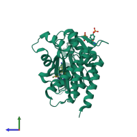 Monomeric assembly 1 of PDB entry 4iva coloured by chemically distinct molecules, side view.