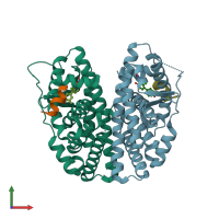 PDB entry 4iwf coloured by chain, front view.