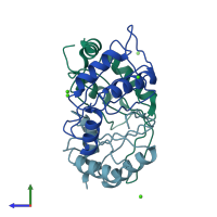 PDB entry 4iyq coloured by chain, side view.