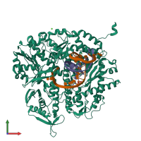 Hetero trimeric assembly 1 of PDB entry 4j2b coloured by chemically distinct molecules, front view.