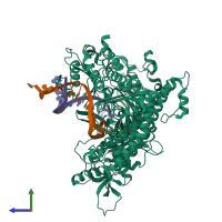 Hetero trimeric assembly 1 of PDB entry 4j2b coloured by chemically distinct molecules, side view.