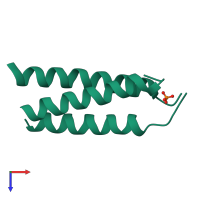 Homo trimeric assembly 1 of PDB entry 4j4a coloured by chemically distinct molecules, top view.