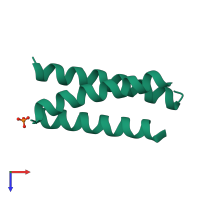 Homo trimeric assembly 2 of PDB entry 4j4a coloured by chemically distinct molecules, top view.