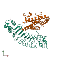 Hetero dimeric assembly 1 of PDB entry 4j4l coloured by chemically distinct molecules, front view.