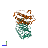 Hetero dimeric assembly 1 of PDB entry 4j4l coloured by chemically distinct molecules, side view.