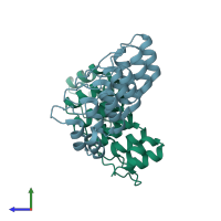 PDB entry 4j7w coloured by chain, side view.