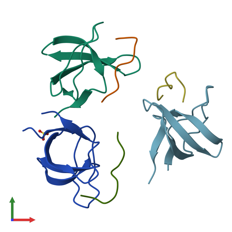 <div class='caption-body'><ul class ='image_legend_ul'>The deposited structure of PDB entry 4j9d coloured by chain and viewed from the front. The entry contains: <li class ='image_legend_li'>3 copies of Tyrosine-protein kinase ABL1</li> <li class ='image_legend_li'>3 copies of P0</li><li class ='image_legend_li'>[]<ul class ='image_legend_ul'><li class ='image_legend_li'>1 copy of SULFATE ION</li></ul></li></div>