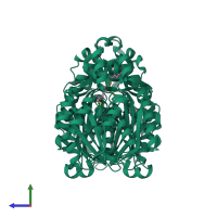 Homo dimeric assembly 1 of PDB entry 4jao coloured by chemically distinct molecules, side view.