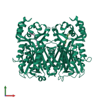 Homo dimeric assembly 2 of PDB entry 4jao coloured by chemically distinct molecules, front view.