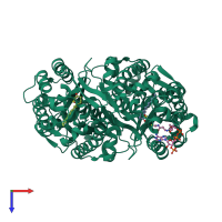 Homo dimeric assembly 1 of PDB entry 4jaq coloured by chemically distinct molecules, top view.