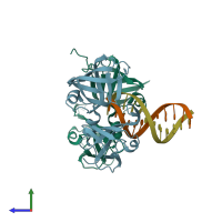 PDB entry 4jbm coloured by chain, side view.
