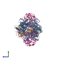 Hetero hexameric assembly 1 of PDB entry 4jbw coloured by chemically distinct molecules, side view.