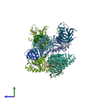 PDB entry 4jet coloured by chain, side view.