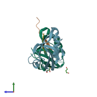 PDB entry 4jor coloured by chain, side view.