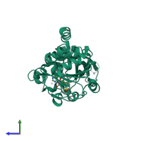 Monomeric assembly 1 of PDB entry 4jt9 coloured by chemically distinct molecules, side view.