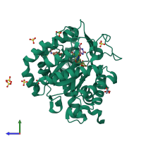 PDB entry 4jtt coloured by chain, side view.