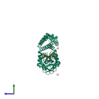 Hetero tetrameric assembly 3 of PDB entry 4jwi coloured by chemically distinct molecules, side view.