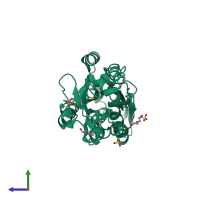 PDB entry 4jwo coloured by chain, side view.