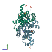 PDB entry 4jyk coloured by chain, side view.