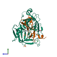 PDB entry 4jzf coloured by chain, side view.