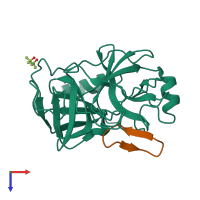 Hetero dimeric assembly 1 of PDB entry 4k1e coloured by chemically distinct molecules, top view.