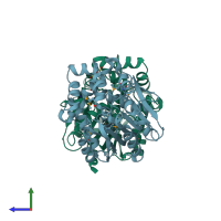 PDB entry 4kaa coloured by chain, side view.