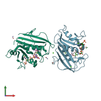 PDB entry 4kak coloured by chain, front view.