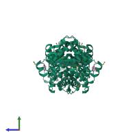 Homo dimeric assembly 1 of PDB entry 4kal coloured by chemically distinct molecules, side view.